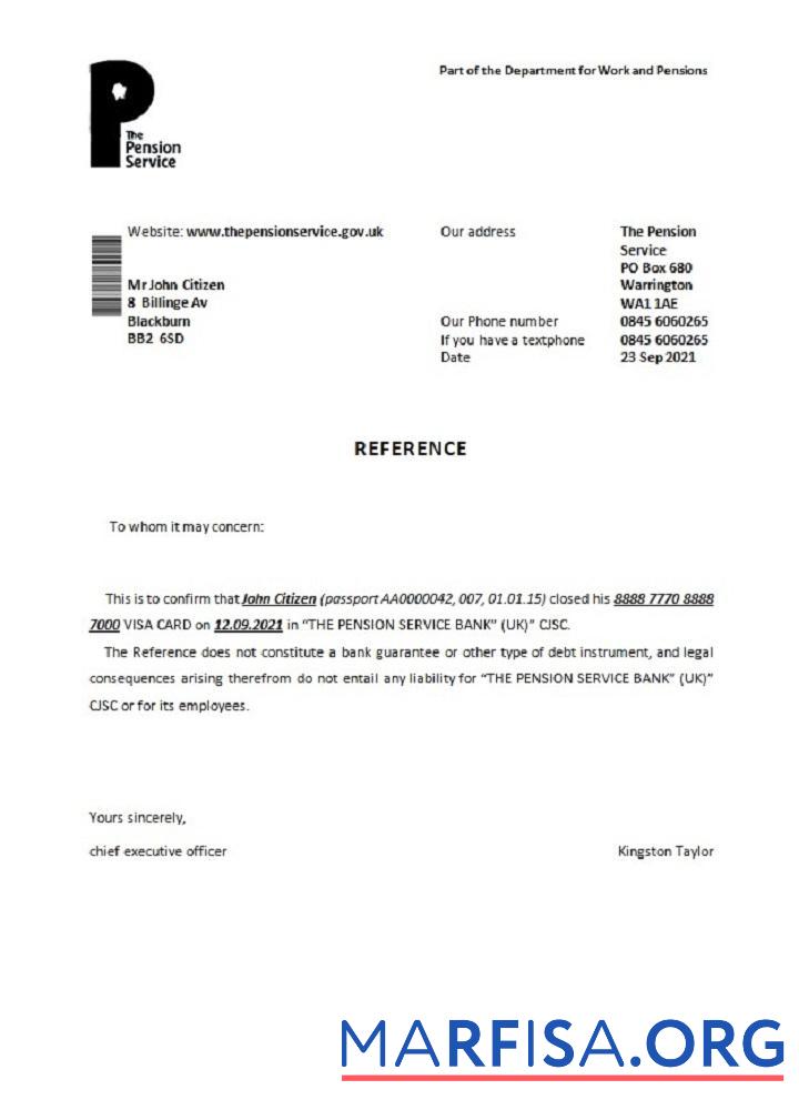 Blank United Kingdom The Pension Service closure reference sample